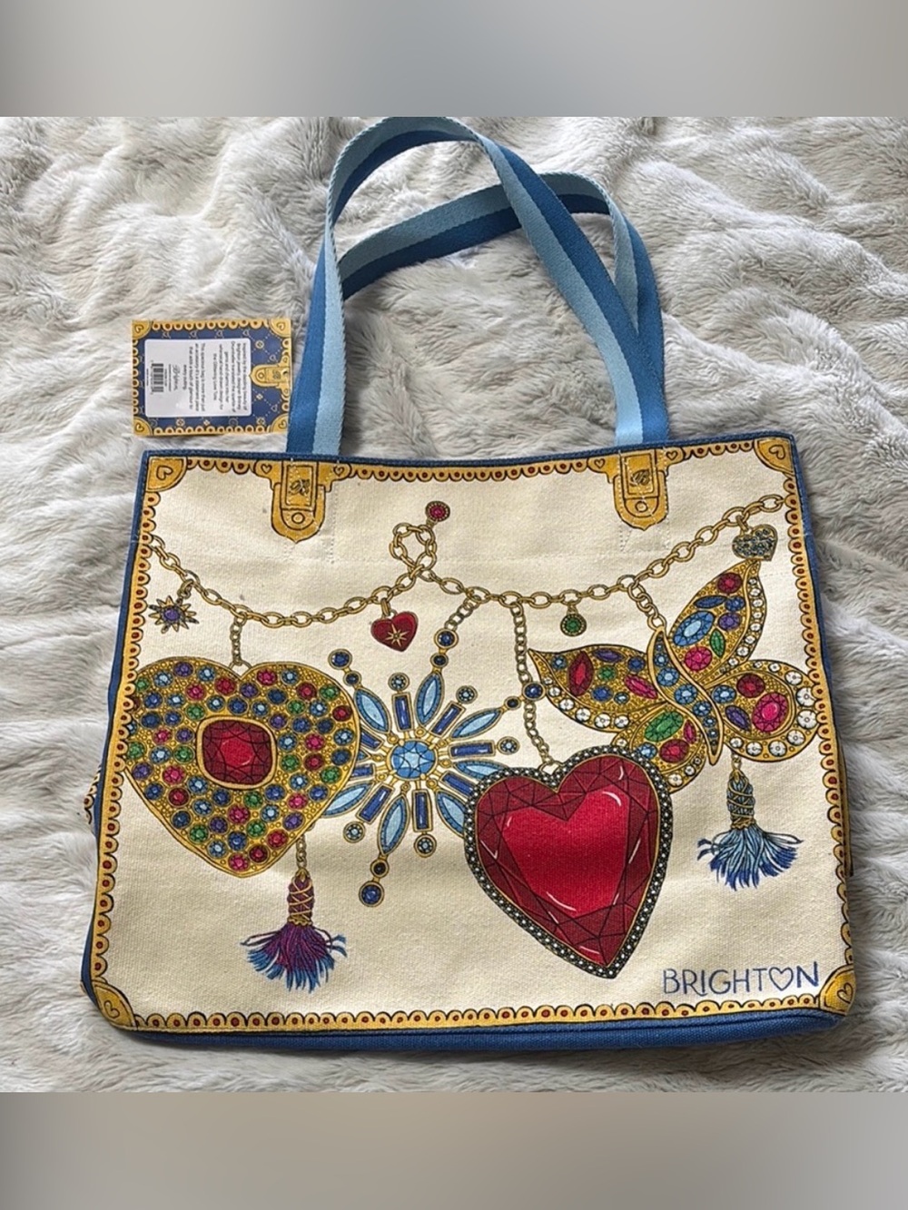 Brighton Cream Tote with Blue Straps and Multi-Colored Jeweled Heart Motif